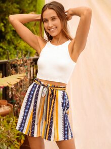 Striped Belted Wide Leg Shorts - Multicolor - View 3