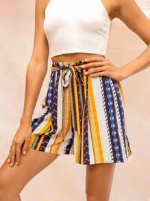 Striped Belted Wide Leg Shorts - Multicolor - View 4
