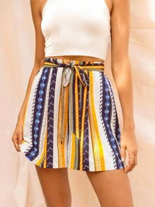 Striped Belted Wide Leg Shorts - Multicolor - View 6