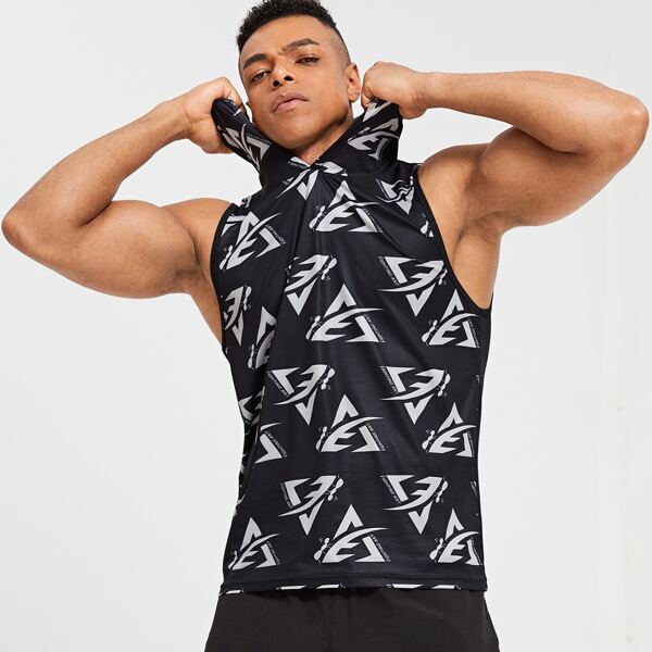

Men Letter Graphic Hooded Sports Tee, Black