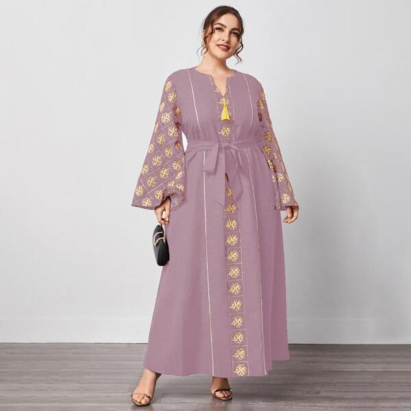 

Plus Floral Embroidered Fringe Belted Dress, Pink