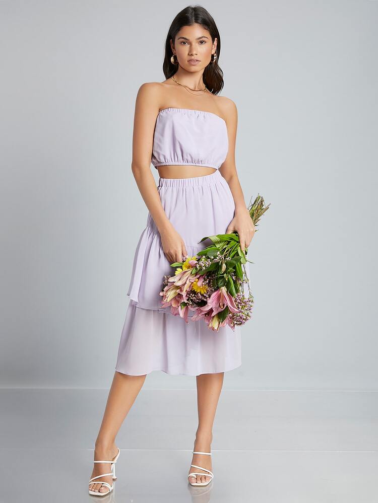 SHEIN 素色抹胸上衣和多層下擺半身裙套裝 - 紫丁香色 - 查看 4