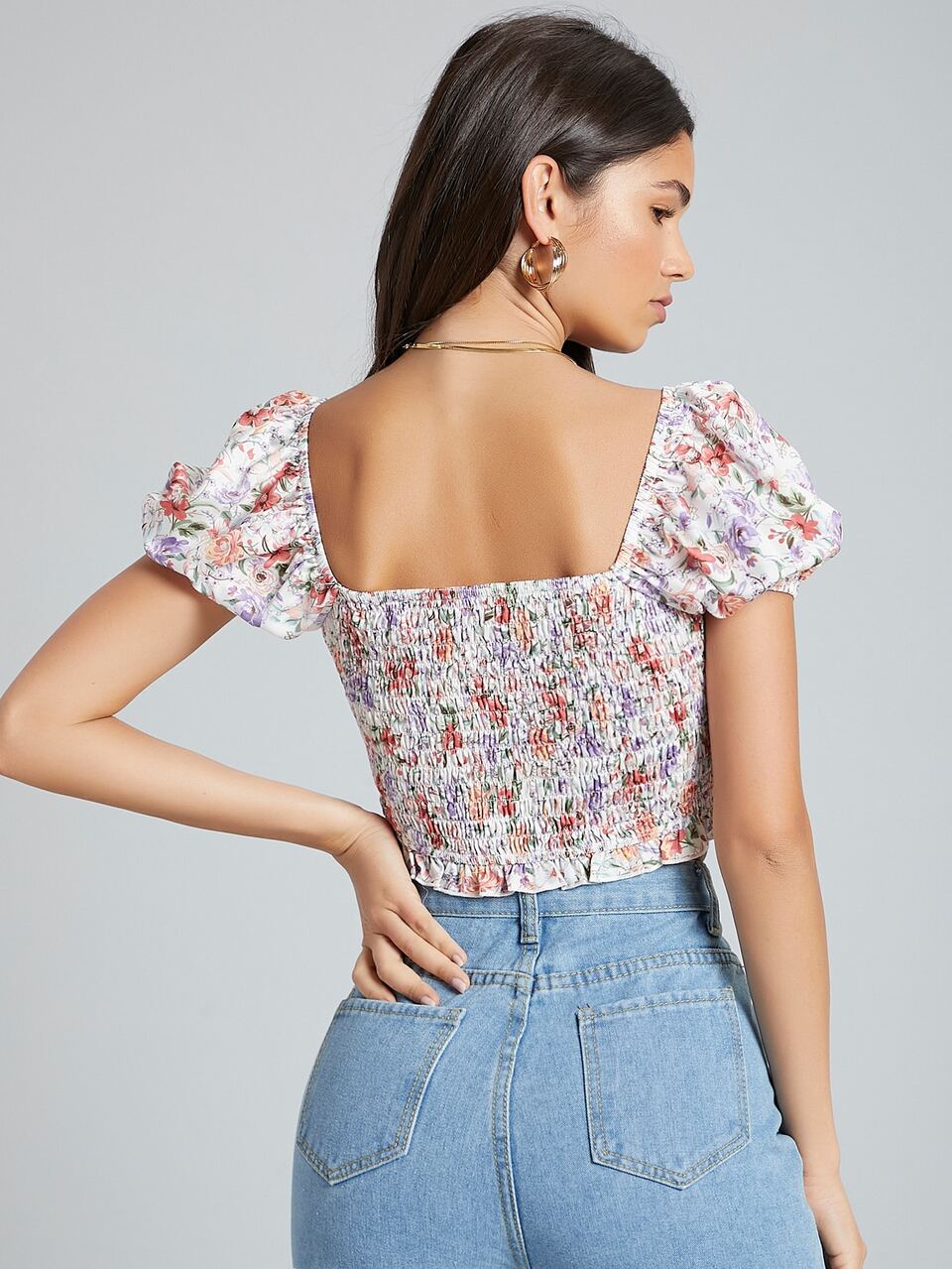 Square Neck Puff Sleeve Shirred Waist Top