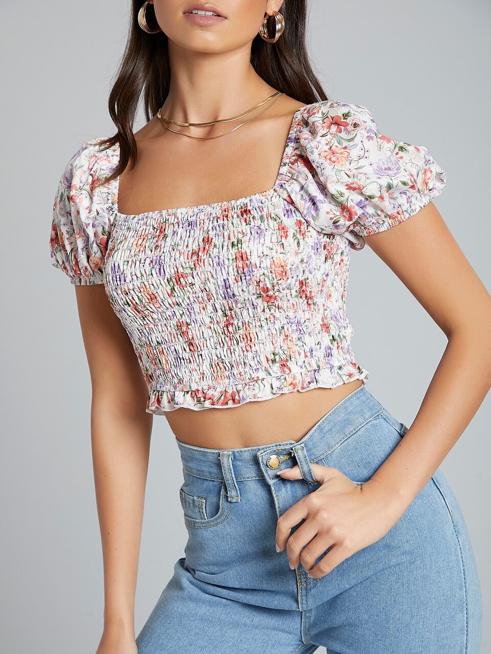 Square Neck Puff Sleeve Shirred Waist Top