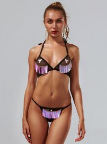 Set de lencería con lentejuelas con fleco de malla transparente - Negro - Ver 3