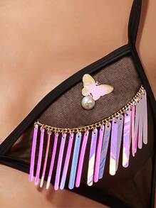 Set de lencería con lentejuelas con fleco de malla transparente - Negro - Ver 4