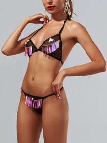 Set de lencería con lentejuelas con fleco de malla transparente - Negro - Ver 5