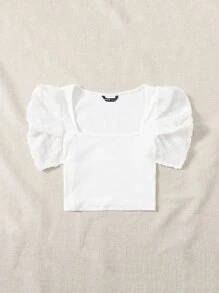 SHEIN MOD 雪紡泡泡袖素色短版上衣 - 白色 - 查看 3