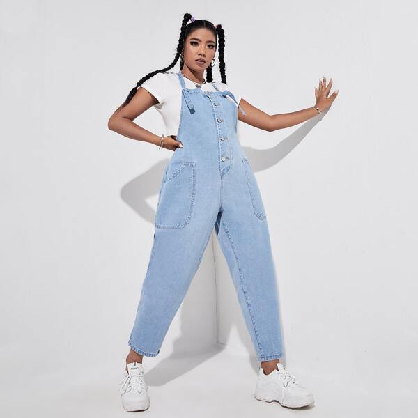 

Plus Button Front Denim Overalls, Light wash