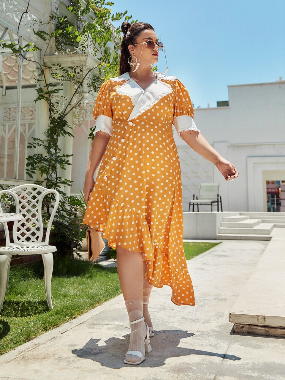 Plus Polka Dot Statement Collar Asymmetrical Hem Dress