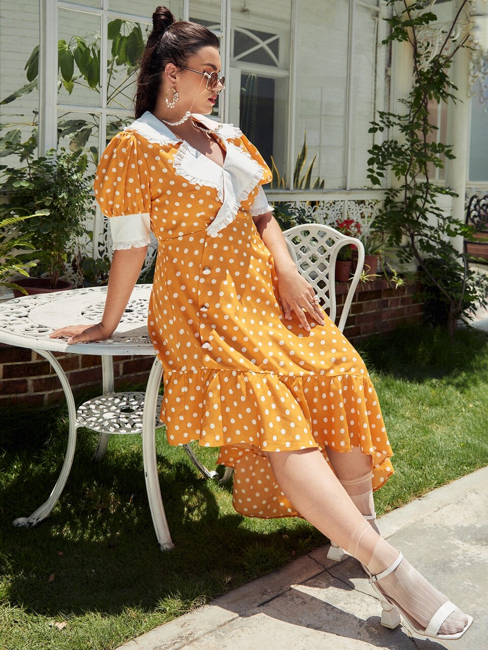 Plus Polka Dot Statement Collar Asymmetrical Hem Dress