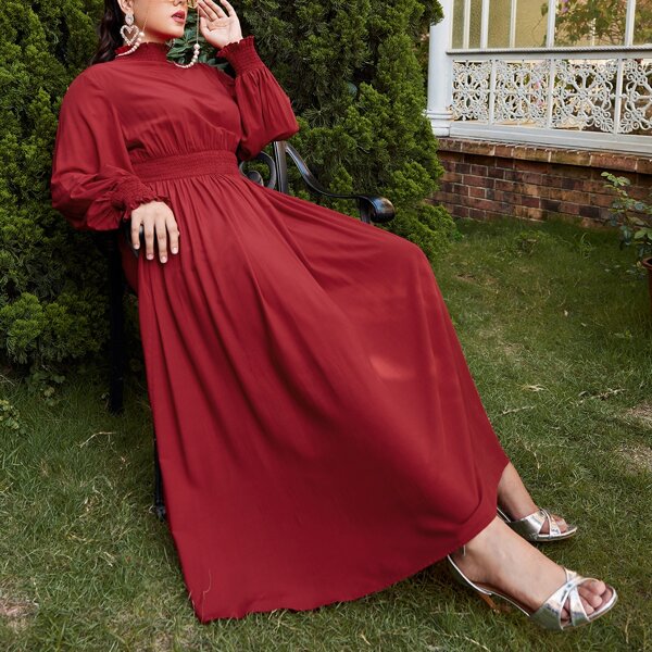 

Plus Shirred Waist Lantern Sleeve Dress, Burgundy