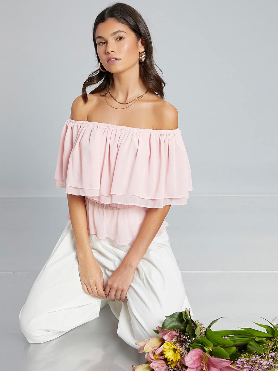 SHEIN Top ribete fruncido de hombros descubiertos - Rosa Pálido - Ver 1