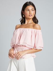 SHEIN Top ribete fruncido de hombros descubiertos - Rosa Pálido - Ver 3