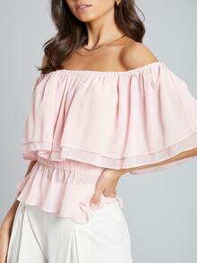 SHEIN Top ribete fruncido de hombros descubiertos - Rosa Pálido - Ver 5