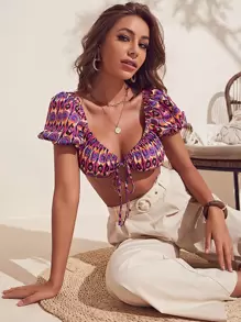 SHEIN Allover Print Puff Sleeve Top - Multicolor - View 1