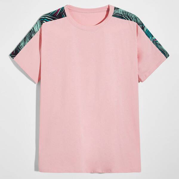 

Men Tropical Print Crew Neck Tee, Baby pink