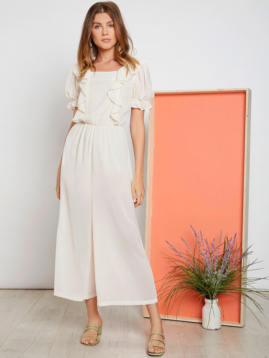 SHEIN Jumpsuit de manga farol ribete con fruncido - Albaricoque - Ver 1