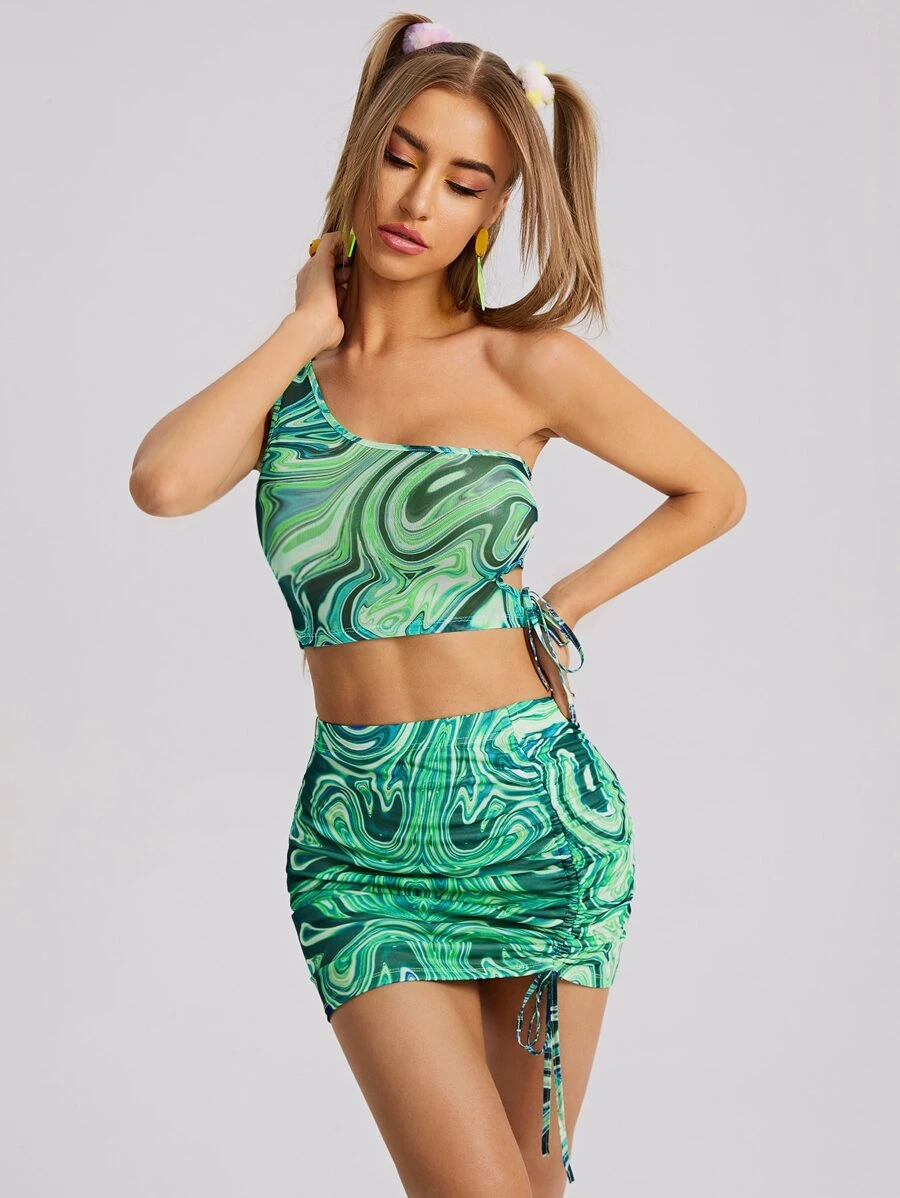 SHEIN Marble Print One Shoulder Top & Skirt Set - Green - View 1
