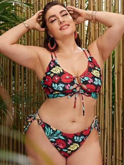 Conjunto de bikini con estampado floral y lazos a los lados para tallas grandes, uso en verano y playa