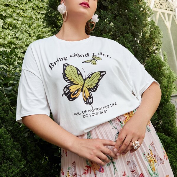 

Plus Butterfly & Slogan Graphic Drop Shoulder Tee, White