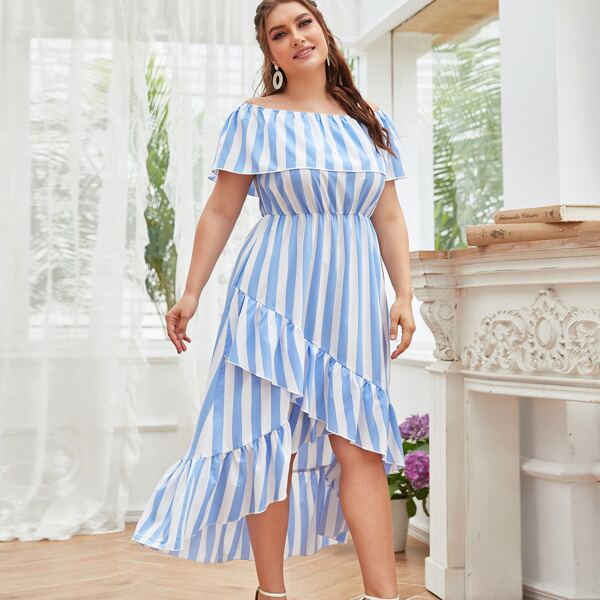 

Plus Striped Asymmetrical Hem Bardot Dress, Blue and white