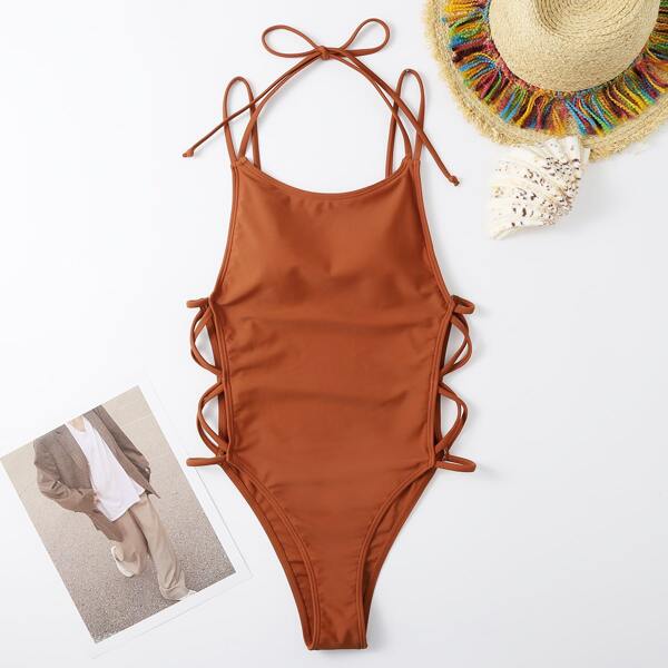 

Cut-out Side Halter One Piece Swimsuit, Burnt orange