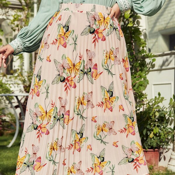 

Plus Butterfly Print Pleated Skirt, Multicolor
