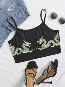 Top Corto De Tirantes Con Estampado De Dragón Chino - Negro - Ver 1