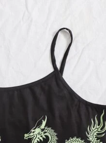 Top Corto De Tirantes Con Estampado De Dragón Chino - Negro - Ver 3