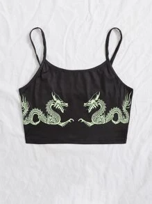 Top Corto De Tirantes Con Estampado De Dragón Chino - Negro - Ver 4
