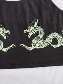 Top Corto De Tirantes Con Estampado De Dragón Chino - Negro - Ver 5