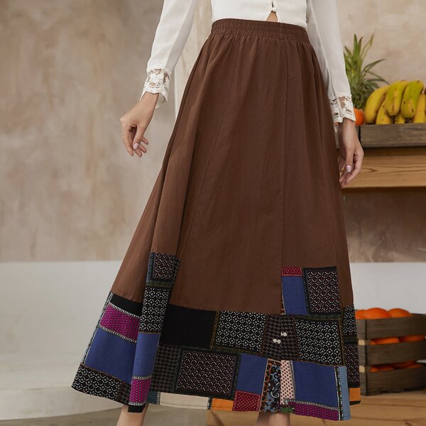 

Elastic Waist Patchwork Skirt, Rust brown