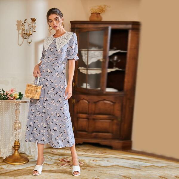 

Statement Collar Allover Floral Dress, Blue
