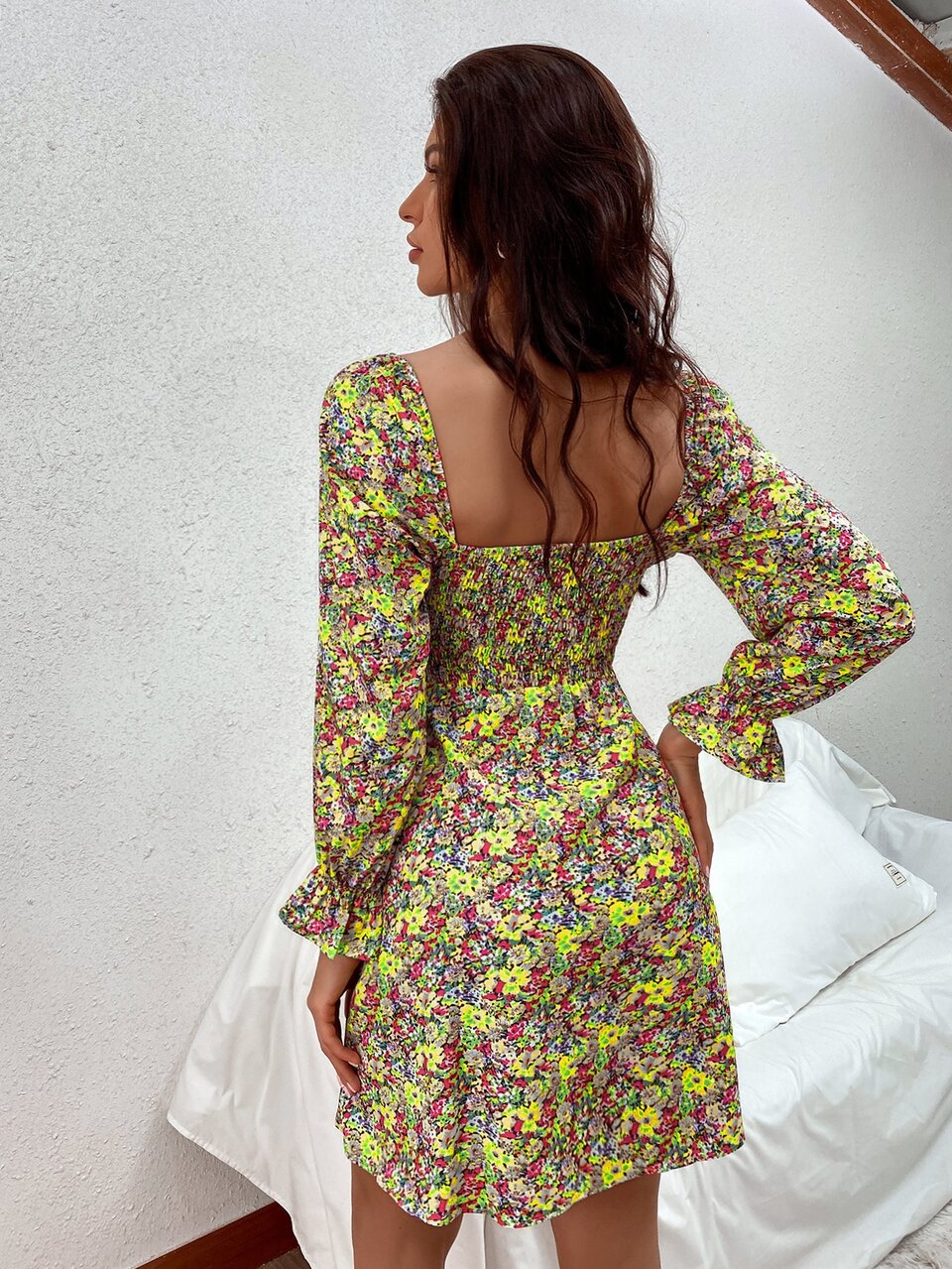 Ditsy Floral Knot Shirred A-line Dress