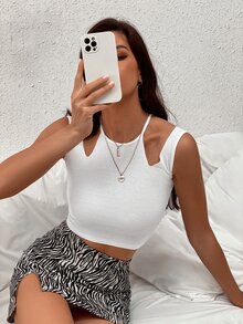 Áo hai dây Cắt ra màu trơn Giải trí - trắng - Xem 6