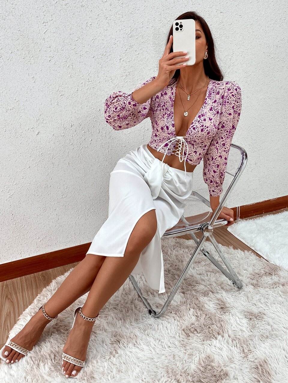 Floral Print Lace-up Front Crop Blouse