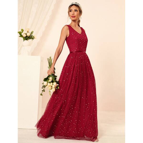 

Galaxy Mesh Overlay Maxi Prom Dress, Red