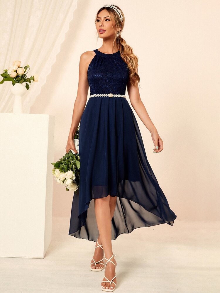 SHEIN Belle Robe en dentelle asymétrique (sans ceinture) - Bleu marine - Voir 5