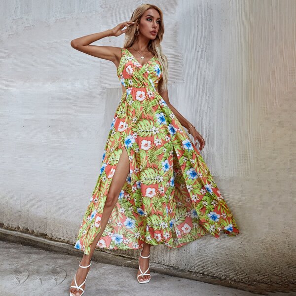 

Allover Plants Tie Back A-line Dress, Multicolor