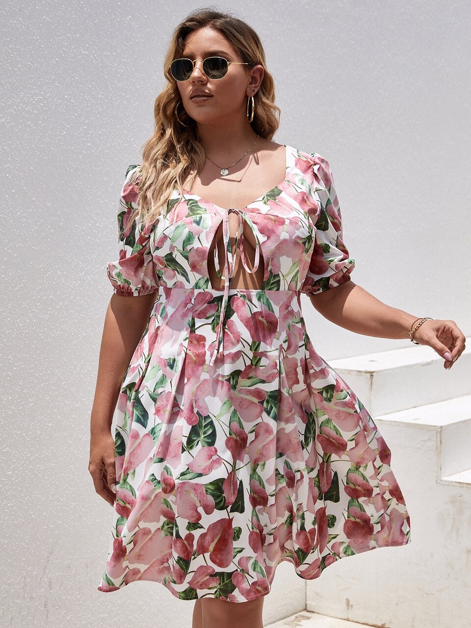 Plus Floral Tie Neck Dress