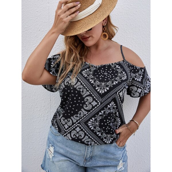 

Plus Paisley Print Cold Shoulder Blouse, Black