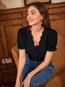 SHEIN Frenchy Scallop Trim Flounce Sleeve Blouse - Black - View 1