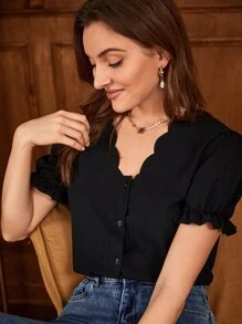 SHEIN Frenchy Scallop Trim Flounce Sleeve Blouse - Black - View 3