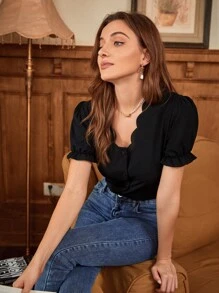 SHEIN Frenchy Scallop Trim Flounce Sleeve Blouse - Black - View 4