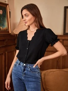 SHEIN Frenchy Scallop Trim Flounce Sleeve Blouse - Black - View 5