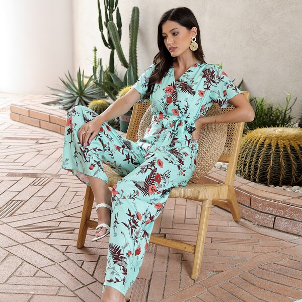 

Floral Print Wide Leg Belted Jumpsuit, Multicolor