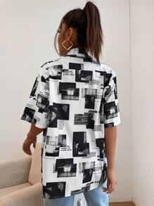 SHEIN EZwear 字母和圖案長款襯衫 - 黑與白 - 查看 2