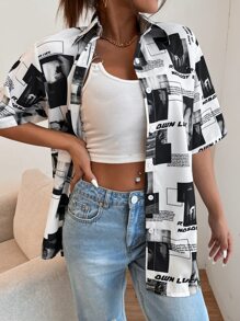 SHEIN EZwear 字母和圖案長款襯衫 - 黑與白 - 查看 4