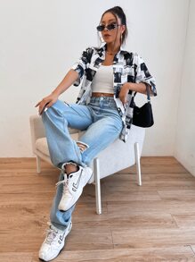 SHEIN EZwear 字母和圖案長款襯衫 - 黑與白 - 查看 5